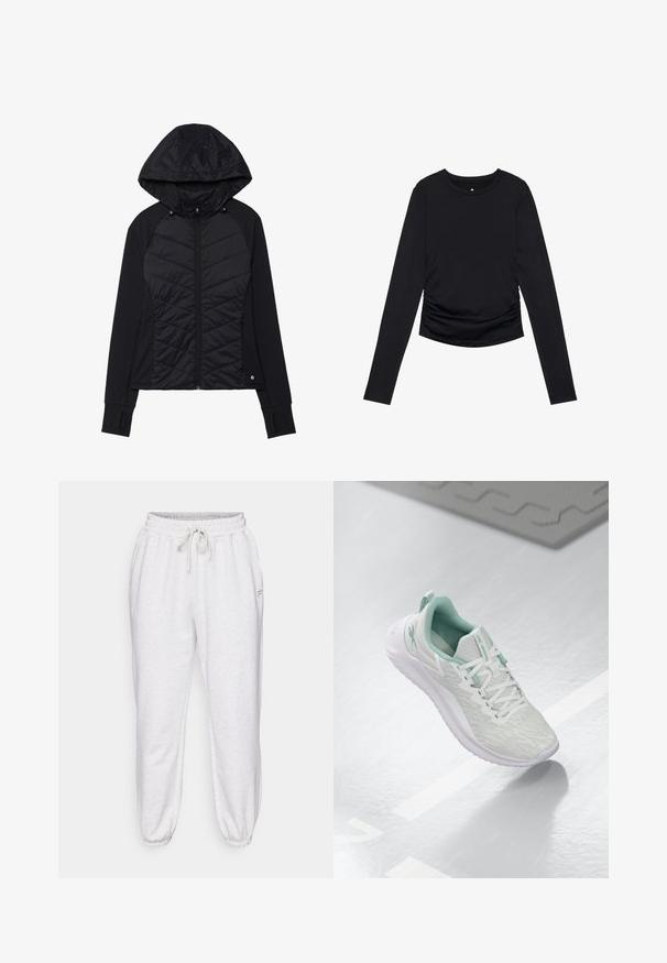 Juodas švarkas su siuvinėta priekiu, minkšta medžiaga, užtrauktuko uždarymas ir gobtuvas su snapeliais. Rankovėse yra nykščio angos.; Juodas ilgos rankovės viršus su apvaliu iškirpimu ir raukšlėmis šonuose, pateiktas prieš vienodą baltą foną.; Šviesiai pilki sportiniai kelnių modeliai, pagaminti iš minkštos medžiagos, su elastingu juosmeniu, raišteliu ir siaurėjančiais elastiniais sijonais, su šoninėmis kišenėmis.; Šviesiai pilni sportiniai bateliai su tekstūruota mezgimo viršutine dalimi, mėtų žalumo akcentais, baltais raišteliais, guminėmis padangomis ir kilpa kulne.