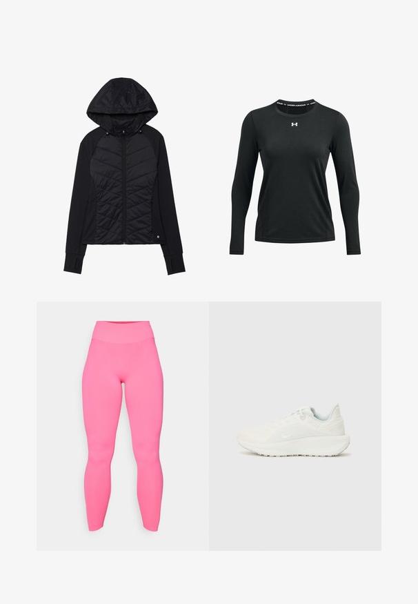Čierna bunda s prešívaným dizajnom na prednej strane, vyrobená z mäkkého materiálu, s množstvom na zips a kapucňou so zacvakávacími gombíkmi. Rukávy majú otvory na palce.; Čierne dlhé tričko s dlhým rukávom pre šport s hladkým materiálom. Obsahuje okrúhly výstrih a na golieri je potlačené logo Under Armour.; Ružové legíny s vysokým pásom vyrobené z elastického materiálu. Hladká textúra, priliehavý dizajn, dĺžka po členky a žiadne viditeľné vzory ani kovanie.; Biele športové topánky s textúrovaným zvrškom, vypolstrovaným golierom a šnurovaním. Majú zakrivenú podrážku a decentné logo na boku.