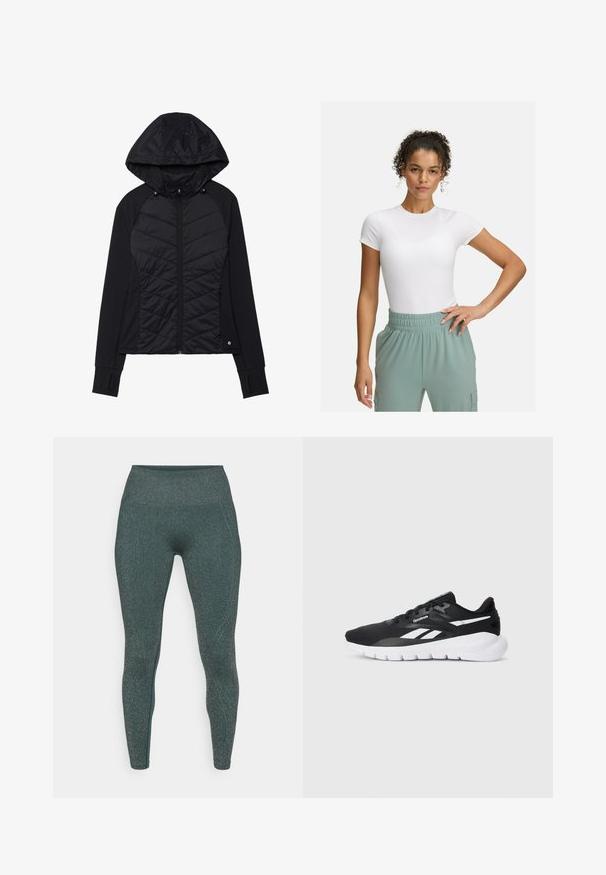 Schwarze Jacke mit gesteppter Vorderseite, weichem Stoff, Reißverschluss und Kapuze mit Druckknöpfen. Mit Daumenlöchern an den Bündchen.; Weißes, körpernahes T-Shirt mit kurzen Ärmeln, kombiniert mit hellgrünen Hosen mit elastischem Bund. Glatte Textur, minimalistisches Design und keine sichtbaren Muster.; Dunkelblaue Leggings mit metallic Glanz. Hoch geschnittener Schnitt, glatte Textur und figurbetonter Sitz. Keine sichtbaren Nähte oder Muster.; Schwarzer Sportschuh mit einem atmungsaktiven Mesh-Obermaterial und weißen Akzenten. Verfügt über eine gepolsterte Sohle und eine Schnürung für einen sicheren Sitz.