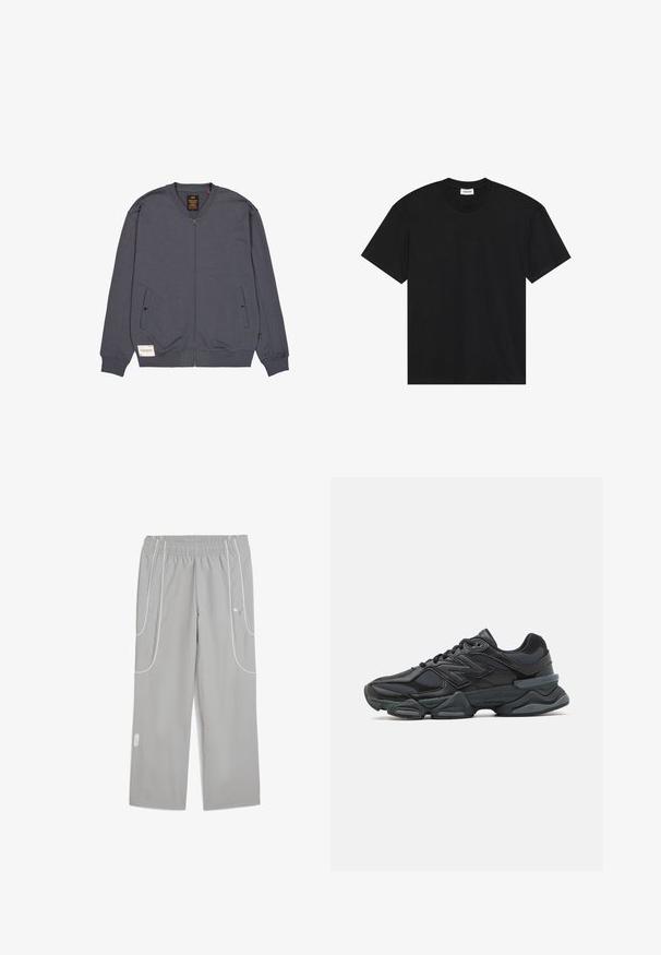 Grå zip-up jakke lavet af blødt stof, med rund hals, sidelommer med knapper, ribbemanchetter og et mærke på den nederste kant.; Sort kortærmet t-shirt lavet af bomuld. Har en klassisk crew neckline og en afslappet pasform uden synlige mønstre eller detaljer.; Lys grå elastisk talje joggebukser med hvide piping-detaljer og Puma-logo på øverste lår, løs pasform og lige ben.; Sorte løbesko med en blanding af mesh og syntetiske materialer, kraftig sål, buet design og fremtrædende branding på siden.