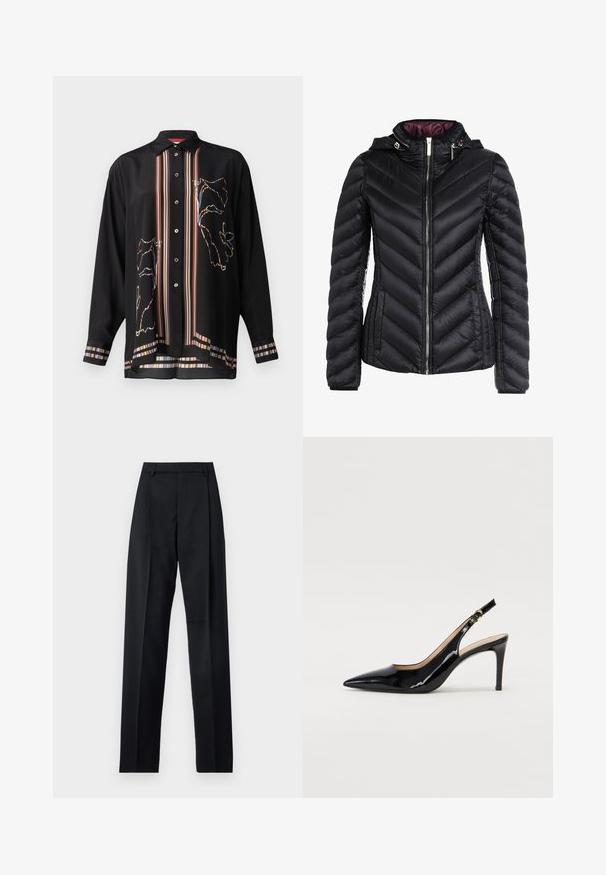 Black puffer jacket with a hood, featuring chevron quilting, a front zipper, and a contrasting purple inner lining. Soft material and fitted design.; Black button-up shirt in lightweight fabric, featuring colorful striped accents and a floral outline design on the front and sleeves.; Black trousers made from smooth fabric featuring a high waist, wide legs, front pleats, and classic belt loops. No side pockets visible.; Black patent leather slingback pump with pointed toe, slim heel, and a subtle cutout design. Features a gold buckle on the strap.