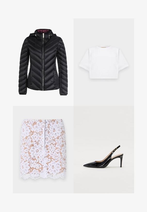 Musta puffatakki hupulla, jossa on chevron-vuoritus, etuvetoketju ja kontrastiväriinen violetti sisävuori. Pehmeä materiaali ja vartalonmyötäinen muotoilu.; Lyhythihainen valkoinen t-paita pehmeää kangasta, jossa on pyöreä pääntie ja ribbireunat. Yksinkertainen ja ilman koristeita oleva malli.; Valkoinen pitsihame, jossa on kukkakuvio, aaltoileva helma ja huomaamattomat koristeet. Hameessa on istuva muotoilu ja piilotettu takaketju.; Musta lakattu nahkainen slingback-korkokenkä, jossa on terävä kärki, kapea korko ja hillitty leikkaussuunnittelu. Varressa on kultainen solki.