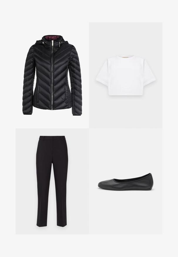 Black puffer jacket with a hood, featuring chevron quilting, a front zipper, and a contrasting purple inner lining. Soft material and fitted design.; Cropped white t-shirt made of soft fabric, featuring short sleeves, a round neckline, and ribbed hem details. Simple and unembellished design.; Black tailored trousers with a straight-leg design, featuring a smooth fabric, belt loops, and no visible pockets or embellishments.; Black leather ballet flat with a rounded toe, smooth texture, minimal stitching detail, and a flexible sole design.