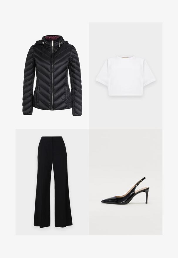 Zwarte pufferjack met capuchon, voorzien van chevron-quilting, een ritssluiting aan de voorkant en een contrasterende paarse voering. Zacht materiaal en een getailleerd ontwerp.; Gemiddelde witte T-shirt gemaakt van zachte stof, met korte mouwen, een ronde halslijn en geribbelde zoomdetails. Eenvoudig en ongecompliceerd ontwerp.; Zwarte wijde broek met hoge taille, gemaakt van zachte stof en met strakke lijnen. Geen zichtbare hardware of patronen.; Zwarte gepatineerde leren slingback pump met een puntige neus, slanke hak en een subtiel uitgesneden ontwerp. Bevat een gouden gesp op de band.