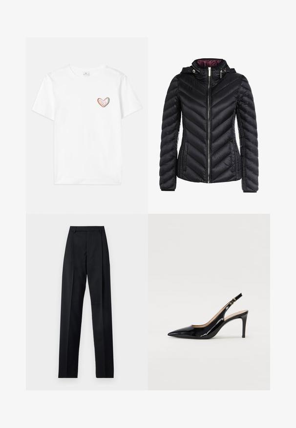 Chaqueta de plumas negra con capucha, con un acolchado en forma de chevrón, cremallera frontal y un forro interior morado contrastante. Material suave y diseño ajustado.; Camiseta blanca de algodón con un diseño de corazón multicolor en el lado izquierdo del pecho. Mangas cortas y cuello clásico de crew.; Pantalones negros de tela suave con cintura alta, piernas amplias, pliegues frontales y lazos de cinturón clásicos. No hay bolsillos laterales visibles.; Zapatos de charol negro con tirante al tobillo, punta afilada, tacón delgado y un diseño de corte sutil. Presenta una hebilla dorada en la correa.
