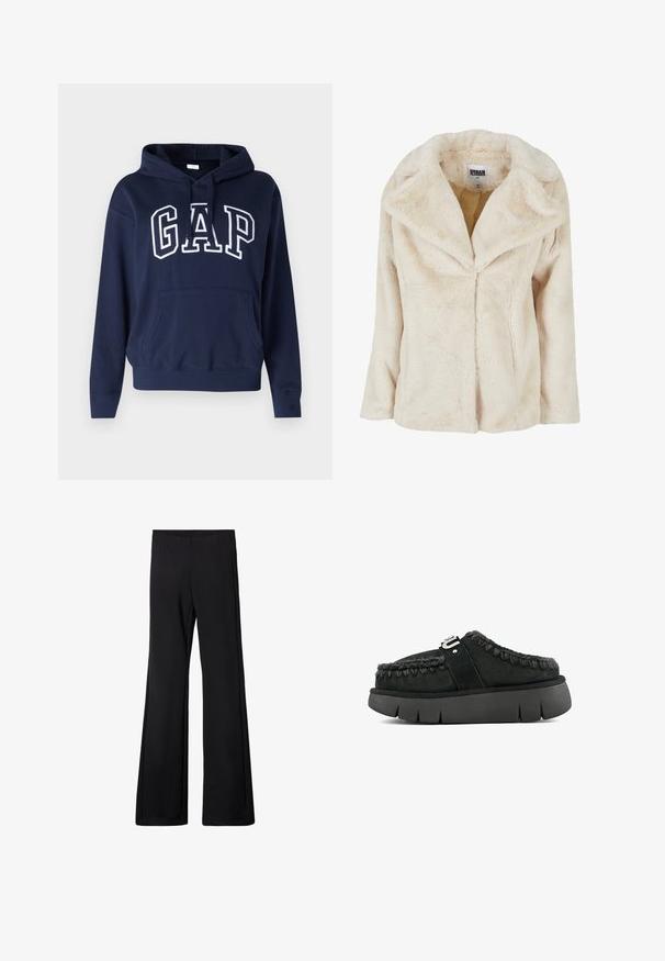 Jasno beżowa kurtka z futra sztucznego z szerokim kołnierzem, długimi rękawami i miękkim, teksturowanym wykończeniem. Posiada otwór z przodu, który nie jest zapięty.; Granatowy hoodie wykonany z mieszanki bawełny, z kieszenią z przodu, ściągaczami przy mankietach i dolnym brzegu, z wyraźnym napisem "GAP" na białym tle.; Zielona kraciasta bluzka cropped z długimi rękawami, z zebranym dekoltem i czarnym wiązaniem w talii. Wykonana z lekkiego materiału.; Czarne spodnie dzwonowe z elastycznym paskiem w talii, wykonane z miękkiego, elastycznego materiału, charakteryzujące się gładką teksturą i brakiem widocznych wzorów czy elementów metalowych.; Czarne zamszowe buty wsuwane z futrzanym wykończeniem, plecionym przeszyciem i masywną czarną podeszwą. Posiadają markowy pasek na górze.