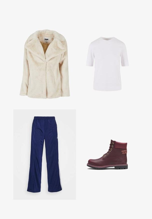 Veste en fausse fourrure beige clair avec un large col, des manches longues et une finition douce et texturée. Présente une ouverture frontale non boutonnée.; T-shirt blanc à manches courtes en coton lisse. Doté d'un col rond et d'une coupe droite, sans motifs ni ornements.; Pantalons de sport navy avec une taille élastique, jambes droites et zippers sur les côtés. Présente des passepoils blancs le long des côtés. Texture de tissu lisse.; Botte cheville en cuir bordeaux avec œillets dorés, col rembourré, semelle en caoutchouc noir et logo sur le côté. Présente une finition lisse et un design à lacets.