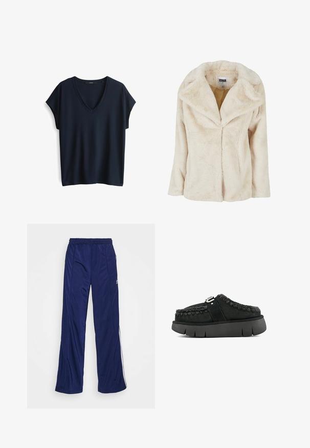Helle beige Kunstfelljacke mit breitem Revers, langen Ärmeln und einer weichen, strukturierten Oberfläche. Verfügt über eine unverschlossene Frontöffnung.; Marineblaue, kurzärmelige V-Ausschnitt-T-Shirt aus weichem, glattem Stoff mit entspannter Passform und klaren Linien, ohne sichtbare Muster oder Hardware.; Marineblaue Sporthose mit elastischem Bund, geraden Beinen und seitlichen Reißverschlüssen. Mit weißen Paspeln an den Seiten. Glatte Stoffstruktur.; Schwarze Wildleder-Mokassins mit Fellbesatz, geflochtenen Nähten und einer kräftigen schwarzen Sohle. Mit einem markierten Riemen über dem Obermaterial.