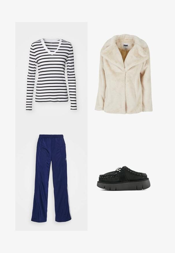 Heleda beež faux karusnahast jakk, millel on lai krae, pikad varrukad ja pehme, tekstureeritud viimistlus. Omab kinnitamata esisulatust.; Mustava ja valges horisontaalsetes triipudes pika varrukaga V-kaelusega T-särk, valmistatud pehmest kangast, millel on sobiv disain ja kontrastne kaelus.; Tumedad spordipüksid elastse vöökohtiga, sirgete jalgade ja külgzippidega. Külgedel on valged äärised. Sile kangastekstuuri.; Must musta libisev king, millel on karusnaha äär, keerutatud õmblus ja paks must tald. Omab bränditud rihma ülal.