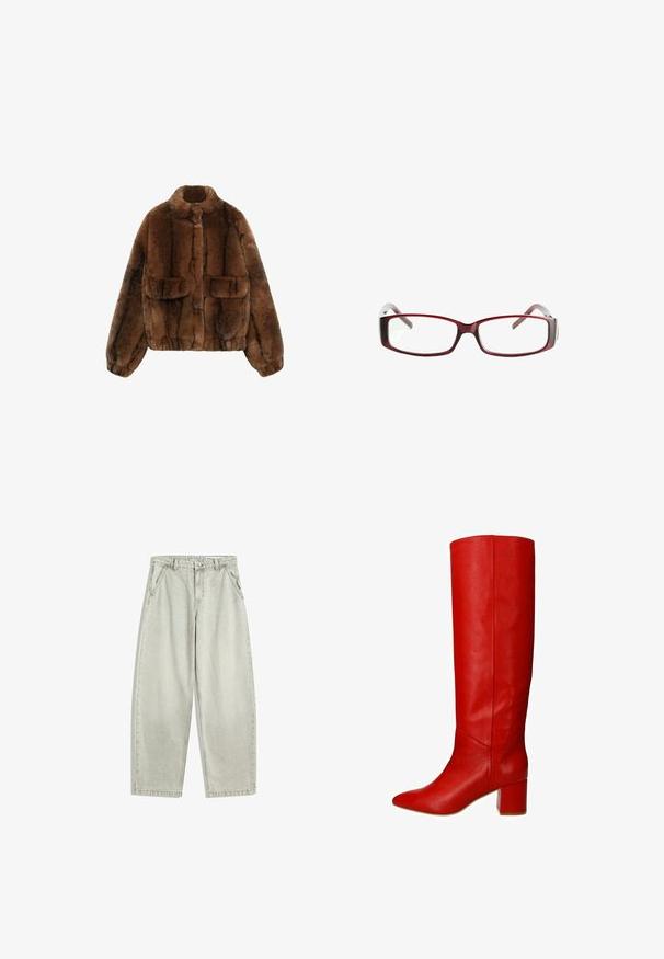 Brown faux fur jacket with a high collar, two front pockets, and elasticized waistband and cuffs, featuring a soft, textured surface.; Burgundy tank top with wide straps, a scoop neckline, and a fitted silhouette. Made from soft, stretchy material with a smooth texture.; Light grey denim jeans with a high waist, front button and zip, slanted side pockets, and wide straight legs.; Red leather knee-high boot with a pointed toe and chunky block heel, featuring a smooth texture and clean, modern design.; Red rectangular eyeglasses with a sleek design. Clear lenses, slightly translucent temples, and a gradient effect from red to gray.