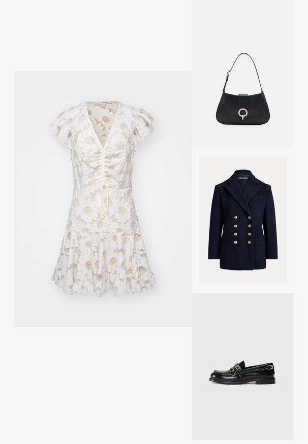 Blazer doppiopetto blu navy in lana con grandi bottoni dorati, rever a punta e tasche laterali. Presenta una tasca sul petto e una vestibilità su misura.; Abito bianco con maniche svasate, caratterizzato da motivi di margherite ricamate e una parte anteriore con coulisse. Gonna svasata con orlo arricciato.; Mocassini neri in pelle con finitura lucida, dotati di due fibbie dorate e tacco basso. Texture liscia con design a punta arrotondata.; Borsa a tracolla in pelle nera con silhouette curva, manico corto, hardware centrale in tonalità oro e texture liscia. Nessun motivo o dettaglio visibile.