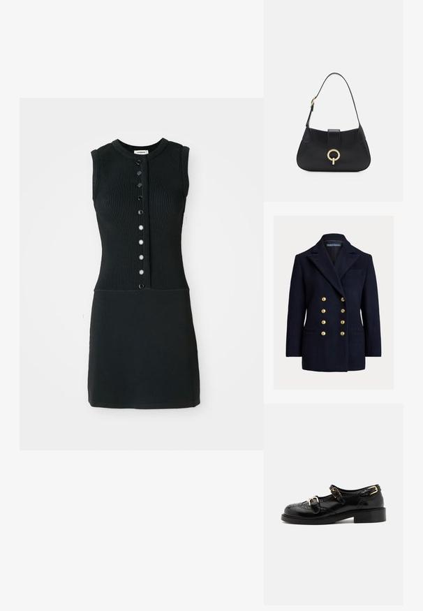 Dwurzędowa granatowa marynarka z wełny z dużymi złotymi guzikami, z szpiczastymi klapami i bocznymi kieszeniami. Posiada kieszeń na piersi i dopasowany krój.; Czarna dzianinowa sukienka bez rękawów o okrągłym dekolcie, z przodem z sześcioma czarnymi guzikami i dopasowanym krojem.; Czarne skórzane buty z detalami brogu, z dwoma klamrami, okrągłym noskiem i niskim obcasem. Gładka tekstura z błyszczącym wykończeniem.; Czarna skórzana torebka o zaokrąglonym kształcie, z krótkim paskiem, centralnym złotym wykończeniem i gładką fakturą. Brak widocznych wzorów czy akcentów.