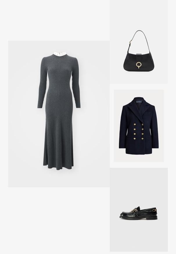 Kaksikragne tumesinine villane bleiser suurte kuldsete nuppude, teravate kraede ning küljetaskutega. Omab rinnaüht ja kokkutõmmatud lõiget.; Pikk, vormitud tumedashall ribakudumisest tehtud kleit pikemate varrukatega, millel on kontrastne valgest rippuv kaelus.; Mustad nahast kingad läikiva pinna ja kahe kuldse kinnitusega, madala kanna olemasoluga. Sile tekstuur ja ümar varv.; Must musta nahkrahakott, millel on kaarjas siluett, lühike rihm, keskmise kullatooni metalldetail ja sile tekstuur. Pole nähtavaid mustreid ega lisandeid.