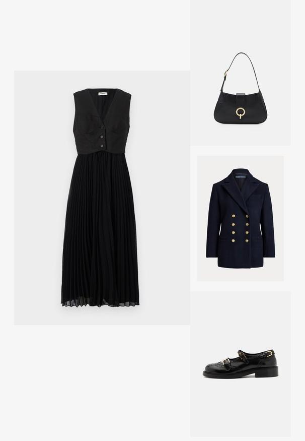 Dvigubai užsegamas laivynų švarkas iš vilnos su dideliais auksiniais mygtukais, smailiais lapeliais ir šoninėmis kišenėmis. Apima krūtinės kišenę ir pritaikytą siluetą.; Juoda klostuota suknelė su prigludusia liemenėle, turinti V formos iškirpę ir tris priekinės dalies mygtukus, pagaminta iš lengvo audinio.; Juodi odiniai batai su brogučių detalėmis, turintys dvi sagtis, apvalų nosį ir žemą kulną. Lygus paviršius su blizgiu finišu.; Juoda odinė rankinė su kreiva siluetu, trumpa rankena, centriniu auksinės spalvos apdailos elementu ir lygiomis tekstūromis. Nėra matomų raštų ar akcentų.