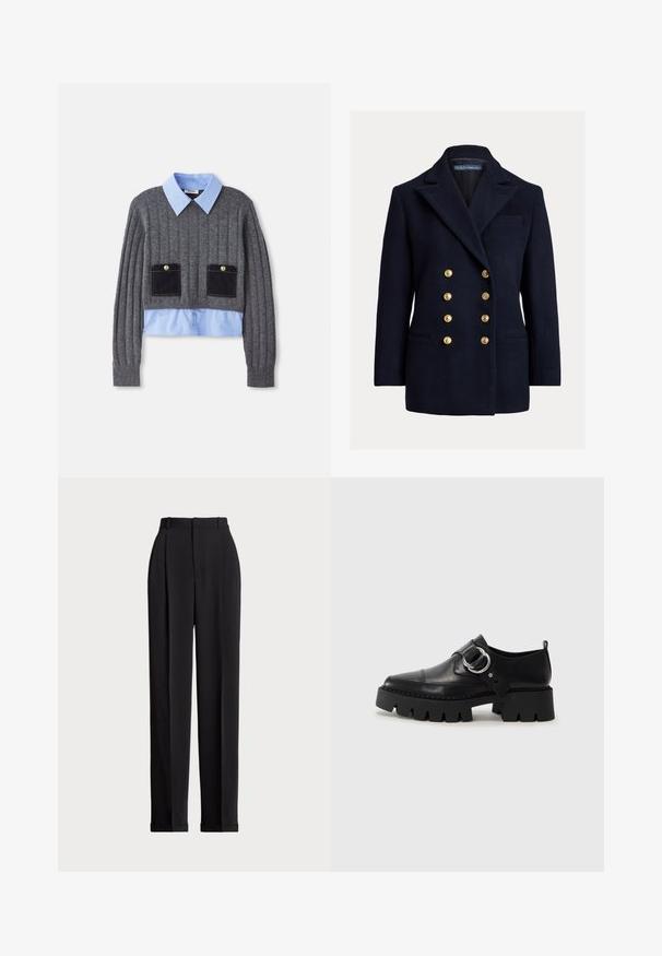 Blazer bleu marine à double boutonnage en laine avec de grands boutons en or, revers crantés et poches latérales. Comprend une poche poitrine et une coupe ajustée.; Un pull gris côtelé avec une chemise à col bleu clair en dessous, comportant deux poches avant avec des accents bleu foncé et des détails de boutons.; Pantalons noirs ajustés à taille haute, dotés de plis à l'avant, d'une coupe droite et d'un ourlet à revers. Fabriqués en tissu lisse.; Chaussures noires en cuir avec une semelle épaisse et côtelée, présentant un accent en métal argenté circulaire et des détails de couture minimalistes.