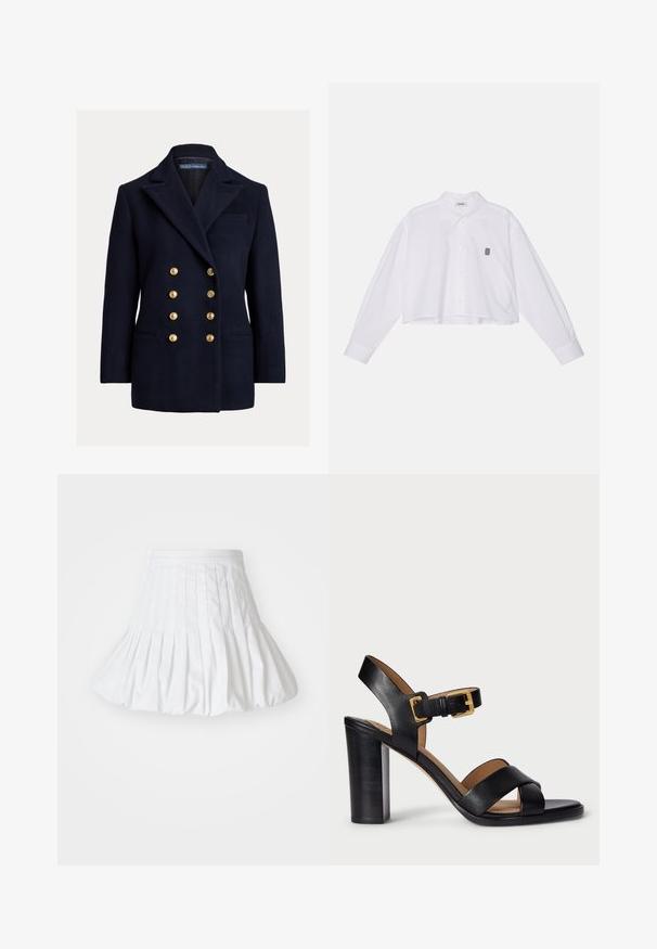 Double-breasted navy blazer in wool with large gold buttons, peaked lapels, and side pockets. Features a chest pocket and tailored fit.; White cropped button-up shirt with long sleeves, featuring a classic collar and a small black embroidered logo on the left chest.; White pleated mini skirt with a smooth texture, elastic waistband, and a flared design, featuring vertical seams for added structure.; Black leather heeled sandals with a cross-over strap design and a buckle closure. Features a chunky heel and smooth texture.