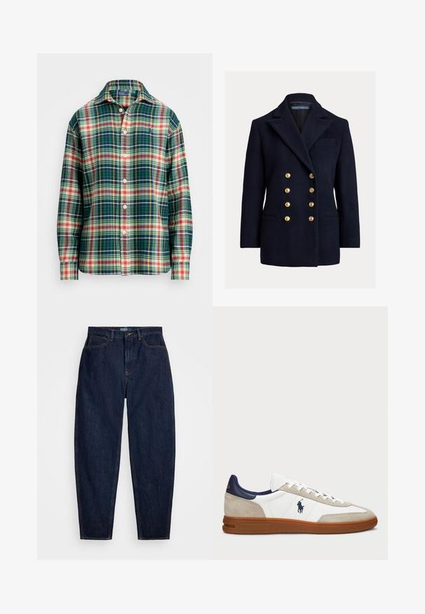 Dvigubai užsegamas laivynų švarkas iš vilnos su dideliais auksiniais mygtukais, smailiais lapeliais ir šoninėmis kišenėmis. Apima krūtinės kišenę ir pritaikytą siluetą.; Ilgų rankovių mygtukinė marškiniai su žalia, tamsiai mėlyna, balta, oranžine ir geltona langeline raštu, atlenktas apykaklė ir mažas siuvinėtas logotipas ant krūtinės.; Tamsiai mėlynos džinsinės kelnės su tiesiu kirpimu, su oranžinėmis siūlėmis, priekyje užsegamos mygtuku ir turinčios penkias kišenes.; Balti ir smėliniai sportiniai bateliai su zomšo ir odos viršumi, tamsiai mėlynais akcentais ir rudomis guminėmis padais. Šoninėse pusėse yra logotipas ir raištelių užsegimas.