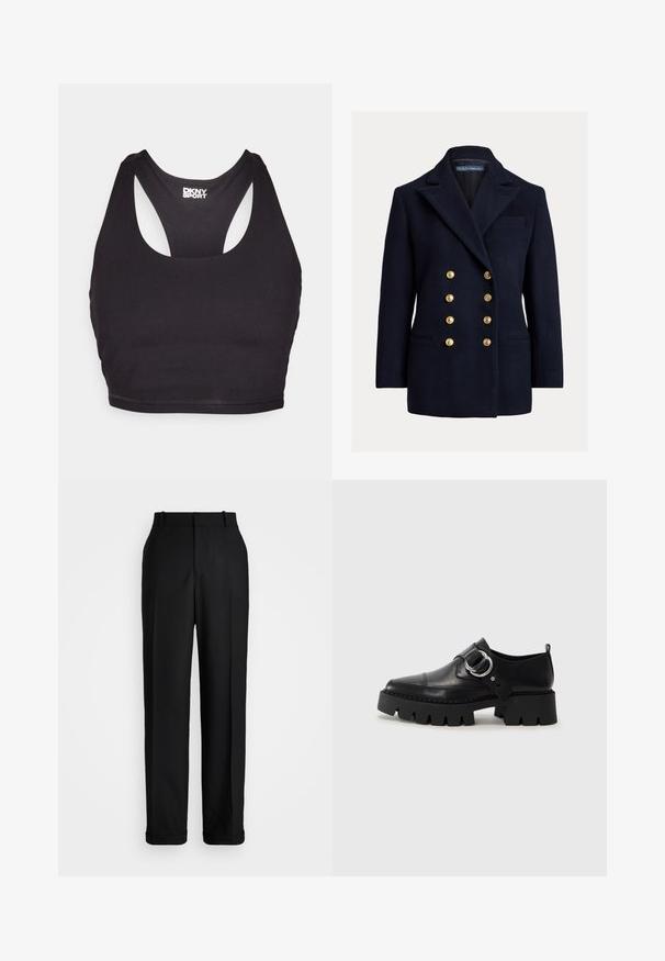 Dvigubai užsegamas laivynų švarkas iš vilnos su dideliais auksiniais mygtukais, smailiais lapeliais ir šoninėmis kišenėmis. Apima krūtinės kišenę ir pritaikytą siluetą.; Juodas sportinis liemenukas, pagamintas iš lygaus audinio, su lenkta nugaros dalimi ir suapvalintu kaklo iškirpimu, ant nugaros yra mažas logotipas.; Polo Ralph Lauren HIGH RISE RELAXED STRAIGHT TROUSER - Kelnės - black; Juodos odinės bateliai su masyviu, grioveliuotu padu, su apvaliu sidabro detalės akcentu ir minimaliais siuvimo elementais.