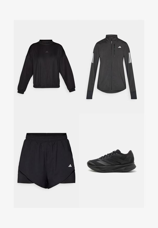 Musta urheilutakki, joka on valmistettu kevyestä materiaalista. Ominaisuuksiin kuuluu etuvetoketju, korkea kaulus ja kolme valkoista raitaa joka hihassa.; Mustat pitkähihainen collegepaita korkean kaula-aukko kanssa, jossa on joustavat hihansuut ja helma, valmistettu sileästä kankaasta, jossa on hienovarainen logo rinnassa.; Mustat urheilushortsit, joissa on kerroksellinen muotoilu, valmistettu kevyestä kankaasta. Ominaisuuksiin kuuluu joustava vyötärö ja pieni valkoinen logo sivulla.; Mustat juoksukengät, joissa on hengittävä verkkoyläosa, pyöreä varvas, sulavalinjainen muotoilu, teksturoidut yksityiskohdat ja pehmustettu pohja mukavuutta varten.