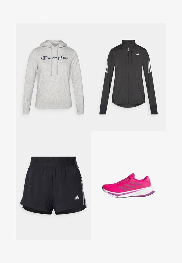 Czarna sportowa kurtka wykonana z lekkiego materiału. Posiada zamek błyskawiczny z przodu, wysoki kołnierz oraz trzy białe paski na każdym rękawie.; Szary kapturowy sweatshirt ze sznurkiem, kieszenią na przodzie oraz haftowanym logo "Champion" w granatowym kolorze na klatce piersiowej. Miękka tekstura materiału.; Czarne sportowe szorty z elastycznym paskiem w talii, z teksturowanym pasem, bocznymi paskami oraz białym logo Adidas na dolnym brzegu.; Różowe buty do biegania z siateczkową cholewką, białą podeszwą środkową i fioletowymi akcentami. Trzy szare paski po boku oraz wyprofilowana konstrukcja podeszwy.