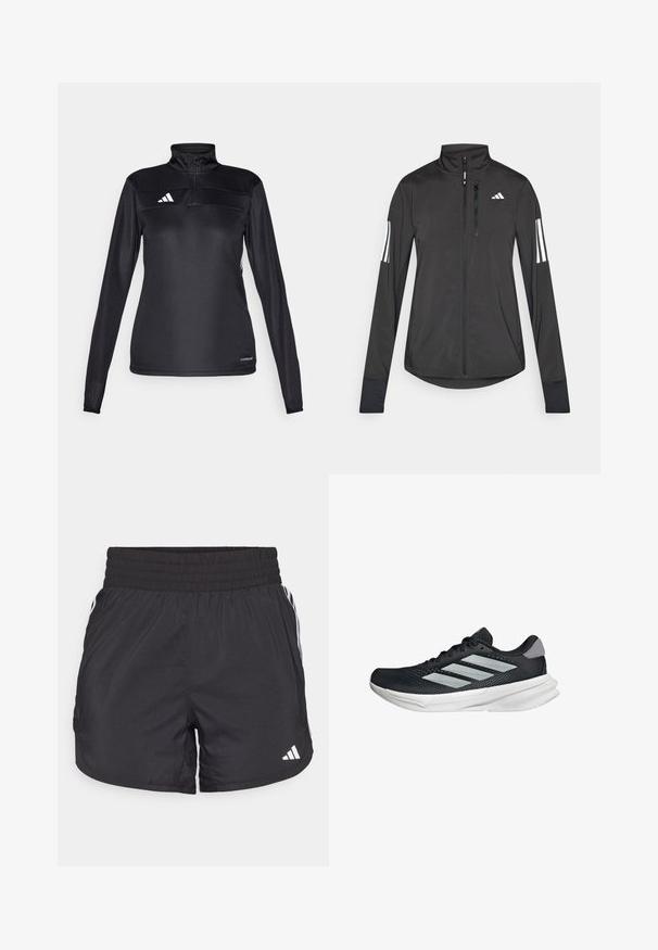Sort atletisk jakke lavet af let materiale. Har en frontlynlås, høj krave og tre hvide striber på hver ærme.; Sort atletisk pullover med halvlynlås, lange ærmer, hvidt logo på brystet og tekstureret stof for åndbarhed.; Sorte atletiske shorts med elastisk talje, sidelommer og hvid stribeaccent på siderne. Fremstillet af letvægtsmateriale.; Sort løbesko med mesh-overdel, tre sølvstriber, hvid mellemsål og struktureret ydersål. Har polstret krave og snørelukning.