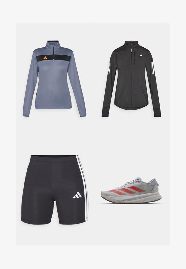Zwarte sportjack gemaakt van lichtgewicht materiaal. Voorzien van een ritssluiting aan de voorkant, hoge kraag en drie witte strepen op elke mouw.; Lichtgrijs sportshirt met lange mouwen en een halve rits kraag, voorzien van een zwarte horizontale streep en een oranje logo op de borst. Gladde stofstructuur.; Zwarte sportshorts van rekbare stof, met witte zijstrips en een Adidas-logo op de onderkant van het rechterbeen. Als een gladde textuur.; Lichtgewicht hardloopschoen met een grijze mesh bovenkant, rode streep details en een witte tussenzool. Beschikt over een rubberen buitenzool voor grip.