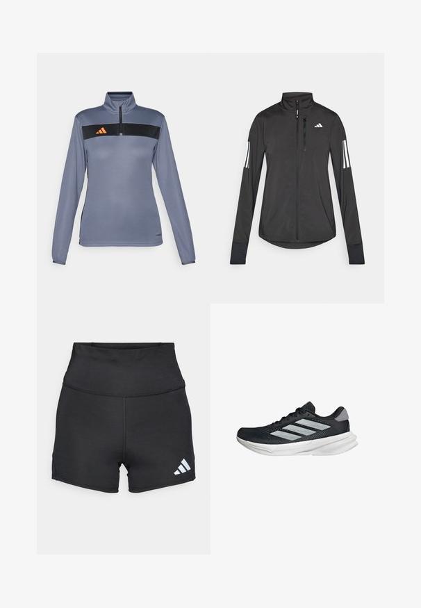 Sort atletisk jakke lavet af let materiale. Har en frontlynlås, høj krave og tre hvide striber på hver ærme.; Lys grå langærmet atletisk top med halvvip-kant, prydet med en sort vandret stripe og orange logo på brystet. Glat stoftekstur.; adidas Performance Tights - black; Sort løbesko med mesh-overdel, tre sølvstriber, hvid mellemsål og struktureret ydersål. Har polstret krave og snørelukning.