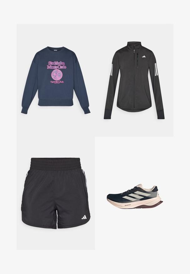Giacchetto sportivo nero realizzato in materiale leggero. Presenta una chiusura frontale con zip, colletto alto e tre strisce bianche su ciascun manica.; Felpa blu navy con scollo rotondo, con testo grafico rosa "Stockholm Monte Carlo" e un design di un globo con "Tennis Club" sottostante.; Pantaloni sportivi neri con elastico in vita, tasche laterali e strisce bianche ai lati. Realizzati in materiale leggero.; Scarpa da corsa con tomaia in rete blu scuro, suola beige chiaro e design a tre strisce bianche. Presenta una forma slanciata e aerodinamica e accenti testurizzati.