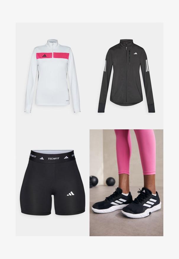 Svart treningsjakke laget av lett materiale. Har glidelås foran, høy krage og tre hvite striper på hver erme.; Langermet treningstrøye med hvit kropp, rosa brystpanel, svarte sideakenter og glidelås i kragen. Laget av lett og pustende stoff.; Svart shorts laget av elastisk stoff med en tettsittende design. Har en bred svart midjebånd merket "TECHFIT" og en hvit logo på benet.; Svarte treningssko med hvite striper, teksturert mesh-overdel og hvit såle. Brukt med rosa leggings, som viser frem treningsklær.