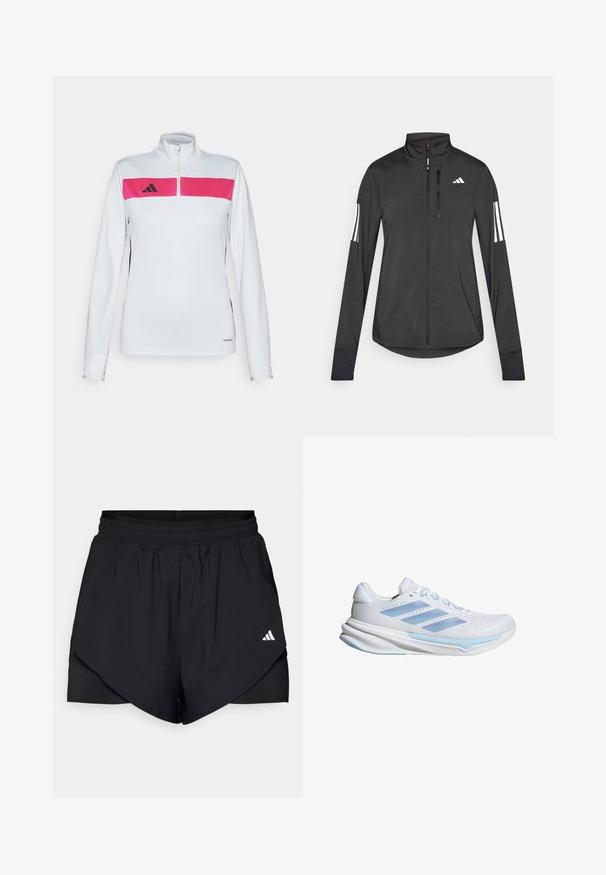Černá atletická bunda vyrobená z lehkého materiálu. Má přední zip, vysoký límec a tři bílé pruhy na každém rukávu.; Dlouhý rukáv sportovní top s bílým tělem, růžovým panelem na hrudi, černými bočními detaily a zipovým límcem. Vyrobeno z lehké, prodyšné tkaniny.; Černé sportovní šortky s vrstveným designem, vyrobené z lehkého materiálu. Mají elastický pas a malé bílé logo na boku.; Bílé běžecké boty s světle modrými akcenty, prodyšný síťovinový svršek, design se třemi pruhy, polstrovaná podrážka a texturovaná trakční podešev.