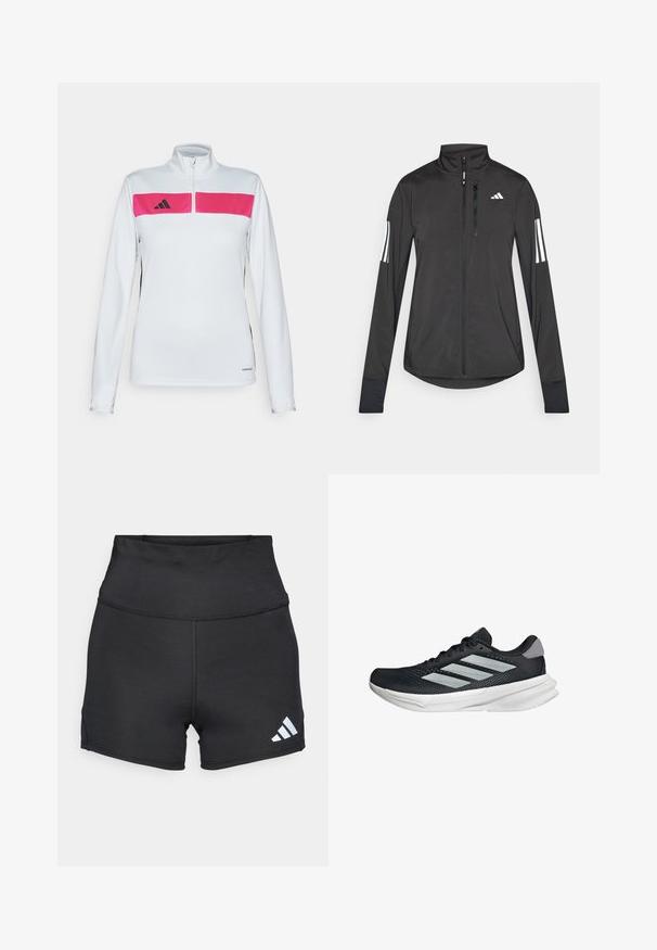 Black athletic jacket made of lightweight material. Features a front zipper, high collar, and three white stripes on each sleeve.; Long-sleeve athletic top featuring a white body, pink chest panel, black side accents, and a zip collar. Made of lightweight, breathable fabric.; adidas Performance Leggings - black; Black running shoe with mesh upper, three silver stripes, white midsole, and textured outsole. Features padded collar and lace closure.