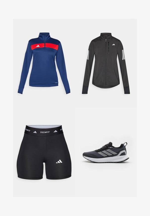 Black athletic jacket made of lightweight material. Features a front zipper, high collar, and three white stripes on each sleeve.; Navy long-sleeve quarter-zip top featuring a red horizontal stripe, white logo, smooth texture, and fitted design. Performance fabric.; Black shorts made from stretchy fabric with a fitted design. Features a wide black waistband labeled "TECHFIT" and a white logo on the leg.; Black athletic shoe with mesh upper, white midsole, textured rubber outsole, and three grey stripes on the side. Features laces and a pull tab.