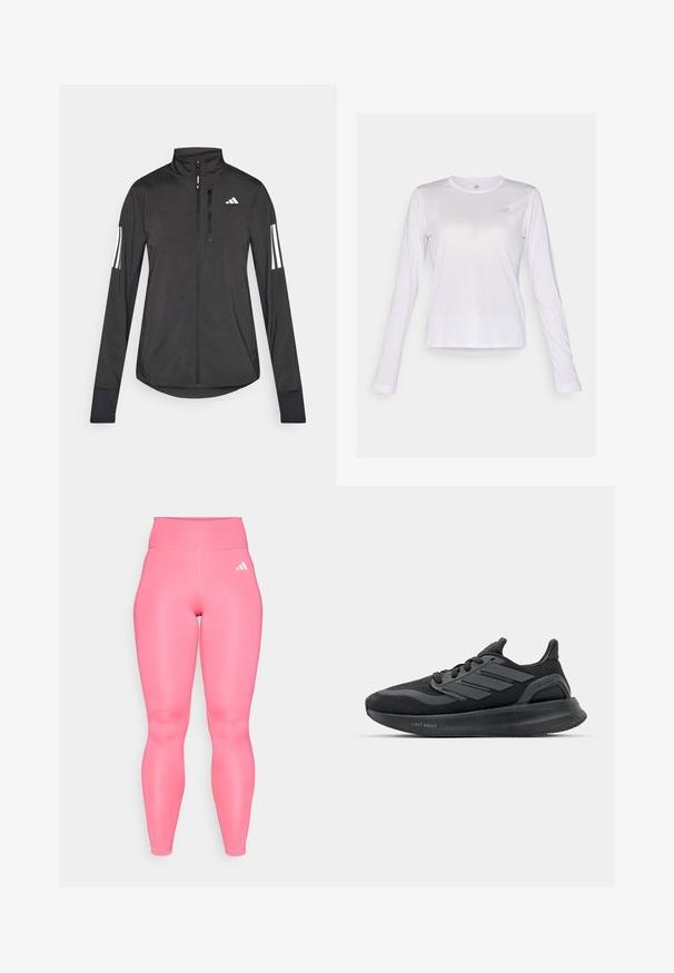 Black athletic jacket made of lightweight material. Features a front zipper, high collar, and three white stripes on each sleeve.; New Balance ATHLETICS LONG SLEEVE - Long sleeved top - taro heather; Pink high-waisted leggings with a smooth, shiny texture. Features three-stripe branding in white on the left side. Elastic waistband.; Black athletic shoes with a mesh upper, textured panels, three stripes detail, and a curved sole labeled "LIGHT BOOST."