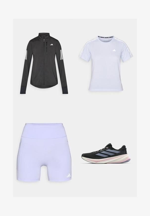 Black athletic jacket made of lightweight material. Features a front zipper, high collar, and three white stripes on each sleeve.; Light blue short-sleeve athletic t-shirt, featuring a round neckline, mesh-like texture, and three white stripes on the shoulders with a small logo.; Lilac athletic shorts made from stretch fabric, featuring a high waistband and side seams, with a white logo accent on the lower side.; Black running shoe with mesh upper, light purple accents, and three horizontal gray stripes. Features a cushioned sole for comfort.