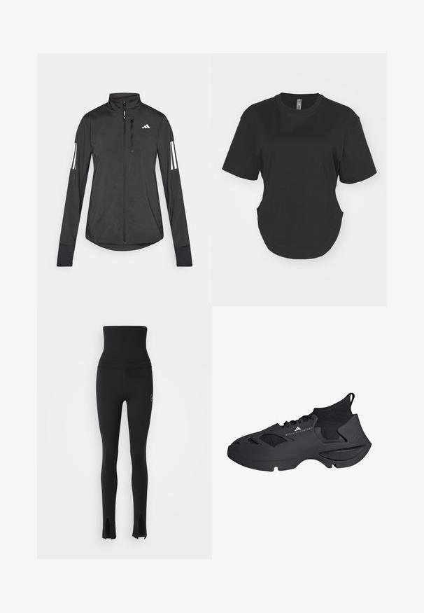 Melnā sporta jaka, izgatavota no viegla materiāla. Tajā ir priekšējais rāvējslēdzis, augsta apkakle un trīs baltas svītras katrā piedurknē.; Melns īsām piedurknēm T-krekls, kas izgatavots no kokvilnas. Apaļa kakla izgriezums ar izliektu apakšmalu un sānu šķēlumiem. Gluda tekstūra, ikdienišķa piegriezuma.; adidas by Stella McCartney Legingi - black; adidas by Stella McCartney ADIDAS BY STELLA MCCARTNEY SPORTSWEAR SHOE - Apavi skriešanai pa asfaltu - core black cloud white core black
