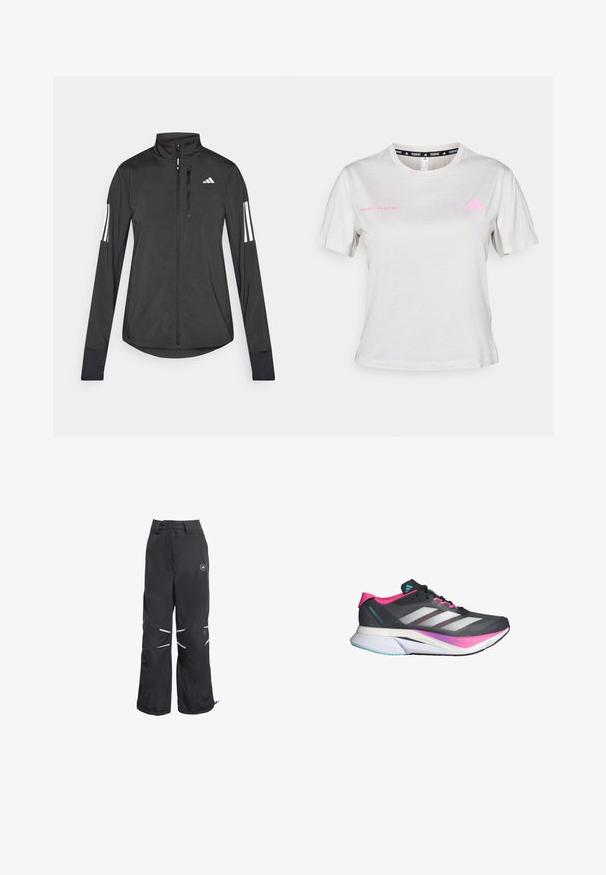 Veste de sport noire en matériau léger. Dotée d'une fermeture éclair sur le devant, d'un col haut et de trois rayures blanches sur chaque manche.; T-shirt gris clair à manches courtes avec un col rond, "ADIDAS RUNNING" imprimé en rose, avec le logo Adidas rose sur la poitrine. Texture de tissu doux.; Pantalons larges noirs avec des détails réfléchissants aux genoux, taille haute avec passants de ceinture, et un logo circulaire sur la cuisse supérieure droite.; Chaussure de course avec une tige en maille grise, des accents roses et des rayures blanches. Dispose d'une semelle rembourrée et d'un design aérodynamique élégant.