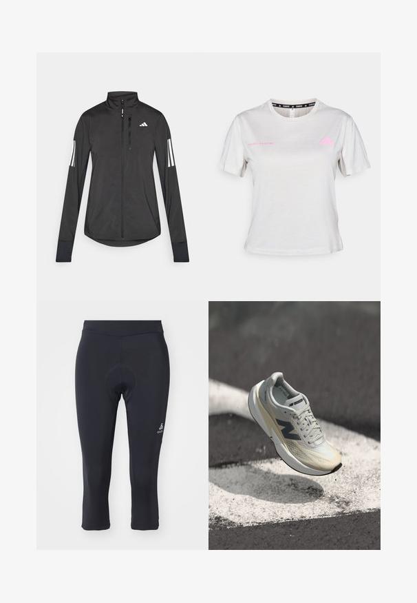 Zwarte sportjack gemaakt van lichtgewicht materiaal. Voorzien van een ritssluiting aan de voorkant, hoge kraag en drie witte strepen op elke mouw.; Lichtgrijze T-shirt met korte mouwen, met een ronde hals, "ADIDAS RUNNING" in het roze gedrukt, met het roze Adidas-logo op de borst. Zachte stofstructuur.; Zwarte driekwart-fietstights van glad, rekbaar materiaal. Voorzien van een voering met padding en een klein logo op het onderbeen.; New Balance hardloopschoen met een lichtgrijze mesh-bovenkant, crèmekleurige tussenzool, donkergrijze accenten en een slank, aerodynamisch ontwerp.