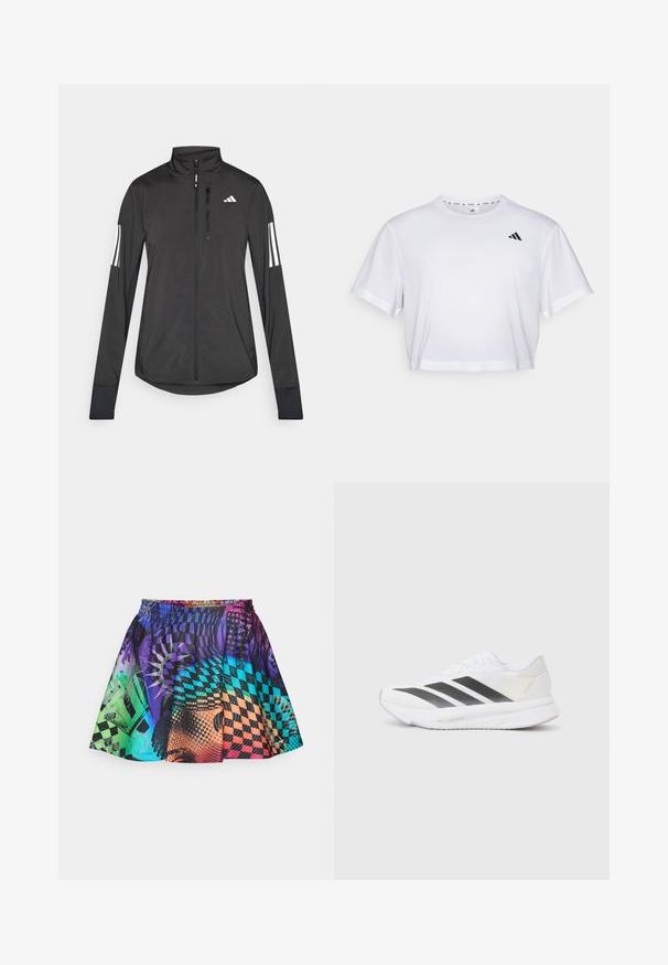 Fekete sportos dzseki könnyű anyagból. Elöl cipzárral, magas gallérral és minden ujjon három fehér csíkkal rendelkezik.; Fehér, rövid szabású póló, puha anyagból készült, rövid ujjakkal és kerek nyakkivágással. Fekete logó a bal mellen.; Színes mini szoknya, rugalmas derékkal, könnyű anyagból készült, élénk geometrikus mintával lila, kék és zöld színekben.; Fehér sportcipő fekete átlós csíkokkal, hálós felsőrésszel, lekerekített orral és texturált talppal. A kiegészítők között szerepel egy ezüst sarok és minimalista dizájn.