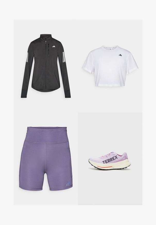 Musta urheilutakki, joka on valmistettu kevyestä materiaalista. Ominaisuuksiin kuuluu etuvetoketju, korkea kaulus ja kolme valkoista raitaa joka hihassa.; Valkoinen lyhythihainen t-paita, joka on valmistettu pehmeästä kankaasta. Pyöreä pääntie. Musta logo vasemmassa rinnassa.; Violet urheilushortsit korkealla vyötäröllä, sileällä pinnalla ja kontrastivärisellä sinisellä logolla vasemmassa alakulmassa. Sisältää tasosaumat.; Violetti juoksukenkä, jossa on hengittävä verkko yläosa, näkyvä "TERREX" -logo, valkoinen välipohja ja musta kumipohja punaisella yksityiskohdalla.