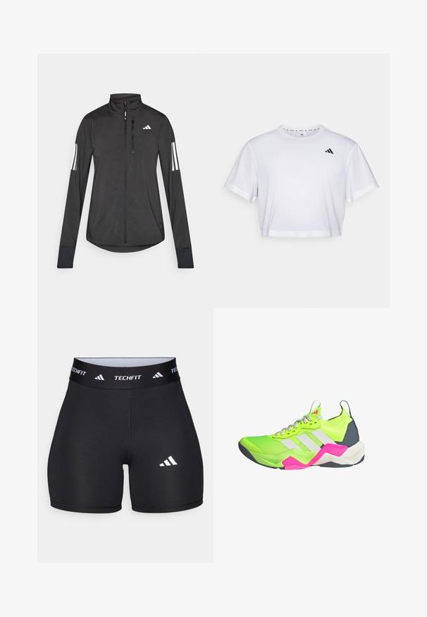 Black athletic jacket made of lightweight material. Features a front zipper, high collar, and three white stripes on each sleeve.; White cropped t-shirt made from soft fabric, featuring short sleeves and a round neckline. Black logo on the left chest.; Black shorts made from stretchy fabric with a fitted design. Features a wide black waistband labeled "TECHFIT" and a white logo on the leg.; Neon green athletic shoe with gray accents, three white stripes, and pink details. Features a textured upper and a cushioned sole.