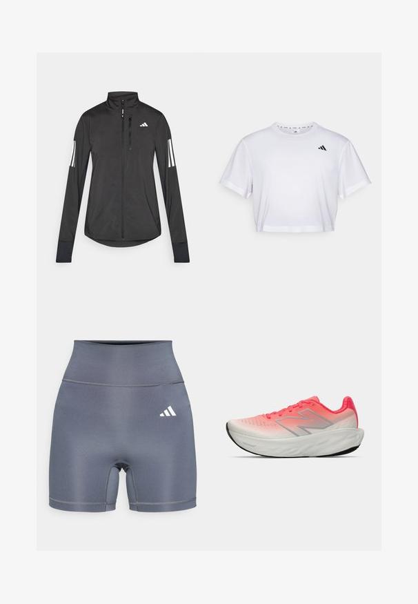 Black athletic jacket made of lightweight material. Features a front zipper, high collar, and three white stripes on each sleeve.; White cropped t-shirt made from soft fabric, featuring short sleeves and a round neckline. Black logo on the left chest.; Gray athletic shorts with a high waistband, made of smooth fabric. Features double stitching and a white Adidas logo on the left side.; Athletic shoe with a gradient pink and white mesh upper, featuring a silver logo, cushioned sole, and textured rubber outsole.