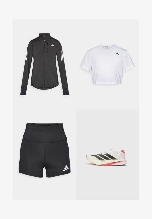 Melnā sporta jaka, izgatavota no viegla materiāla. Tajā ir priekšējais rāvējslēdzis, augsta apkakle un trīs baltas svītras katrā piedurknē.; Balts īsa krekls, kas izgatavots no mīksta auduma, ar īsām piedurknēm un apaļu kakla izgriezumu. Melna logo kreisajā krūtī.; adidas Performance Legingi - black; Baltas skriešanas apavas ar melniem svītrainēm, neona zaļiem akcentiem un sarkanu papēdi. Iespējo augšpuses teksturēts siets un viegls zole ērtībai.
