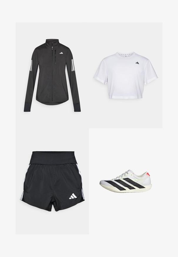 Čierna športová bunda vyrobená z ľahkého materiálu. Má zips vpredu, vysoký golier a tri biele pruhy na každom rukáve.; Biely skrátený tričko vyrobené z mäkkého materiálu, s krátkymi rukávmi a okrúhlym výstrihom. Čierne logo na ľavej hrudi.; Čierne atletické šortky vyrobené z ľahkého materiálu, s широкým pásom, bielymi bočnými pruhmi a malým bielym logom na dolnom leme.; Biele behací topánky s čiernymi pruhmi, textúrovaný sieťovaný zvršok, plochá podrážka a reflexné akcenty. Má aerodynamický dizajn a šnurovanie.
