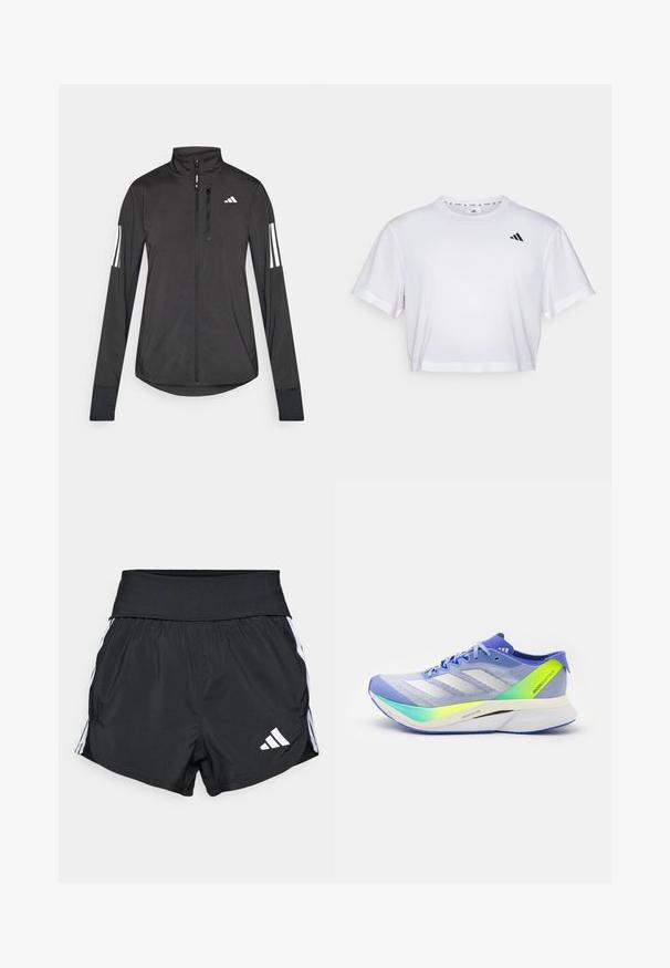 Giacchetto sportivo nero realizzato in materiale leggero. Presenta una chiusura frontale con zip, colletto alto e tre strisce bianche su ciascun manica.; T-shirt bianco cropped realizzato in tessuto morbido, con maniche corte e scollo rotondo. Logo nero sul lato sinistro del petto.; Pantaloni sportivi neri realizzati in materiale leggero, con una cintura larga, strisce laterali bianche e un piccolo logo bianco sull'orlo inferiore.; adidas Performance ADIZERO BOSTON 12 - Scarpe da corsa su strada - light blue