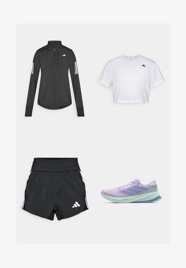 Černá atletická bunda vyrobená z lehkého materiálu. Má přední zip, vysoký límec a tři bílé pruhy na každém rukávu.; Bílý zkrácený tričko vyrobené z měkké látky, s krátkými rukávy a kulatým výstřihem. Černé logo na levé hrudi.; Černé sportovní šortky vyrobené z lehkého materiálu, s širokým pasem, bílými bočními pruhy a malým bílým logem na dolním lemu.; Fialová běžecká obuv s prodyšným síťovaným svrškem, s akcenty v světle modré barvě a logem se třemi pruhy. Lehce vážený, odpružený design podrážky.
