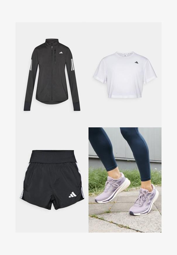 Svart treningsjakke laget av lett materiale. Har glidelås foran, høy krage og tre hvite striper på hver erme.; Hvit kortermet t-skjorte laget av mykt stoff, med korte ermer og rund hals. Svart logo på venstre bryst.; Sorte treningsshorts laget av lett materiale, med bred midjebånd, hvite sidestreker og en liten hvit logo på den nederste kanten.; adidas Performance SUPERNOVA RISE W - Løpesko for vei - preloved fig/putty mauve/shadow violet