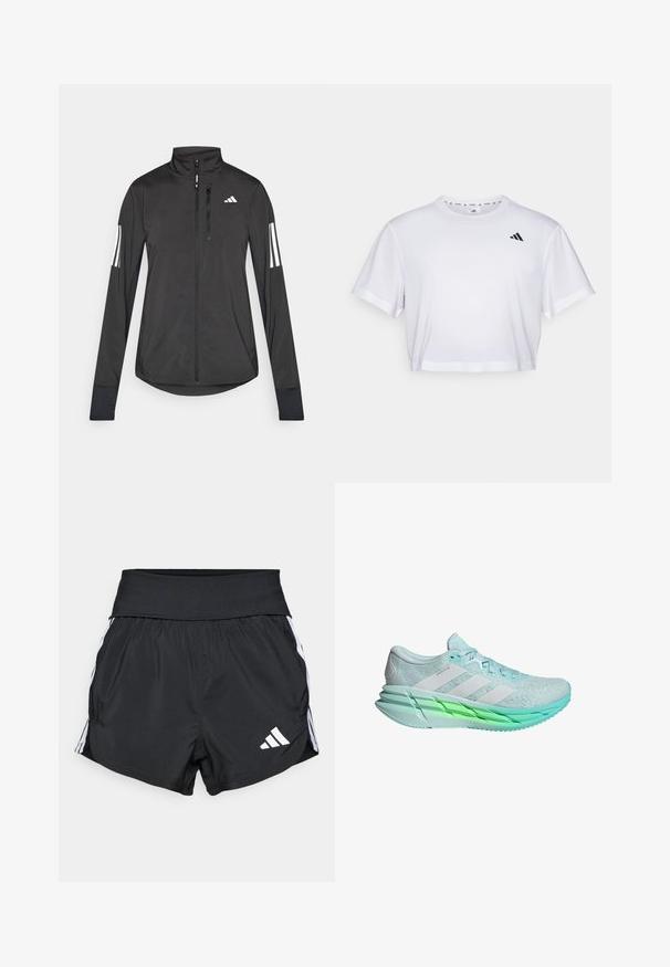 Svart treningsjakke laget av lett materiale. Har glidelås foran, høy krage og tre hvite striper på hver erme.; Hvit kortermet t-skjorte laget av mykt stoff, med korte ermer og rund hals. Svart logo på venstre bryst.; Sorte treningsshorts laget av lett materiale, med bred midjebånd, hvite sidestreker og en liten hvit logo på den nederste kanten.; Lys blå løpesko med et teksturert mesh-overdel, tre hvite striper og en grønn-tonet såle. Har en polstret krage og flate snører.