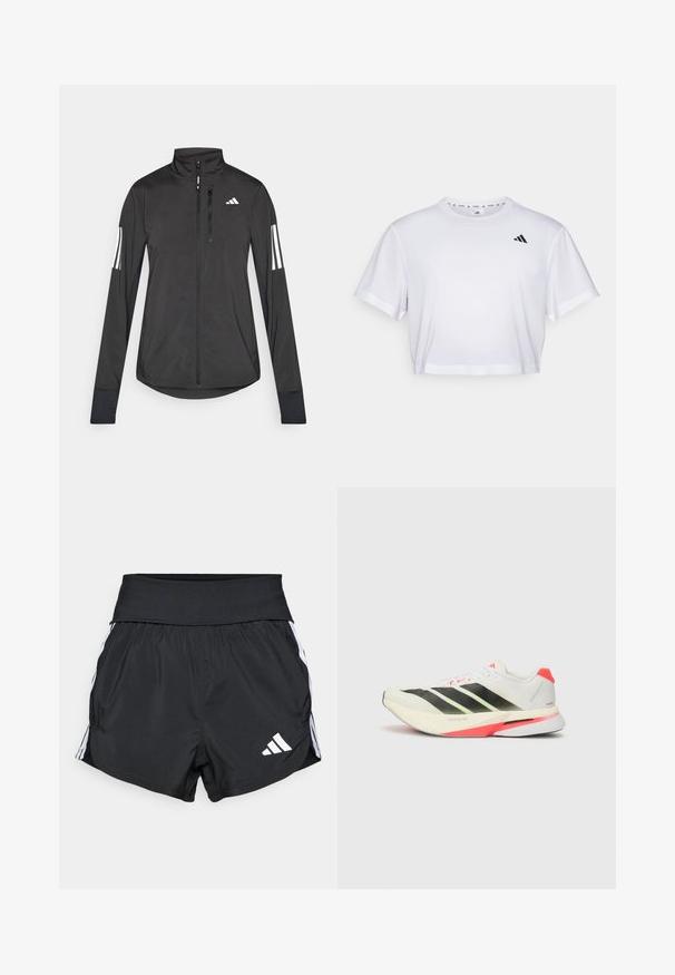 Giacchetto sportivo nero realizzato in materiale leggero. Presenta una chiusura frontale con zip, colletto alto e tre strisce bianche su ciascun manica.; T-shirt bianco cropped realizzato in tessuto morbido, con maniche corte e scollo rotondo. Logo nero sul lato sinistro del petto.; Pantaloni sportivi neri realizzati in materiale leggero, con una cintura larga, strisce laterali bianche e un piccolo logo bianco sull'orlo inferiore.; Scarpa da corsa bianca con strisce nere, dettagli verde neon e tallone rosso. Presenta una tomaia in rete testurizzata e una suola leggera per il comfort.