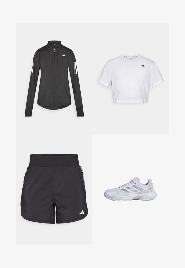 Jachetă sport neagră din material ușor. Are un fermoar frontal, guler înalt și trei dungi albe pe fiecare manșon.; Tricou alb scurt dintr-un material moale, cu mâneci scurte și decolteu rotund. Logo negru pe partea stângă a pieptului.; Șorturi atletice negre, cu talie elastică, buzunare laterale și accente albe pe laterale. Fabricate dintr-un material ușor.; Pantofii sport albi, cu un upper din plasă respirabilă, accente argintii, talpă căptușită și un sistem de șireturi sigur. Panouri texturate pe laterale.