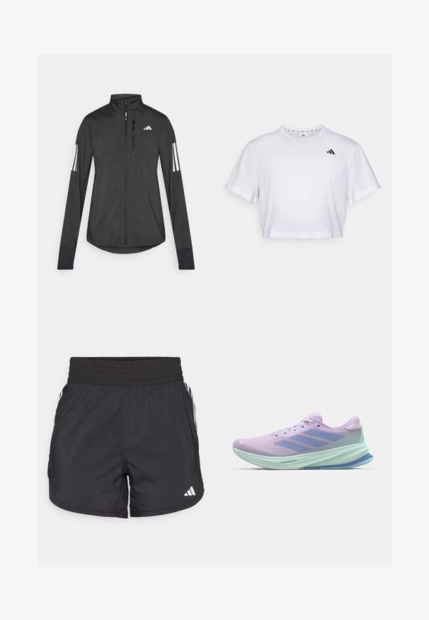 Fekete sportos dzseki könnyű anyagból. Elöl cipzárral, magas gallérral és minden ujjon három fehér csíkkal rendelkezik.; Fehér, rövid szabású póló, puha anyagból készült, rövid ujjakkal és kerek nyakkivágással. Fekete logó a bal mellen.; Fekete sportnadrág elasztikus derékkal, oldalsó zsebekkel és fehér csíkkal az oldalán. Könnyű anyagból készült.; Lila futócipő légáteresztő hálós felsőrésszel, világoskék kiegészítőkkel és háromcsíkos logóval. Könnyű, párnázott talp kialakítás.